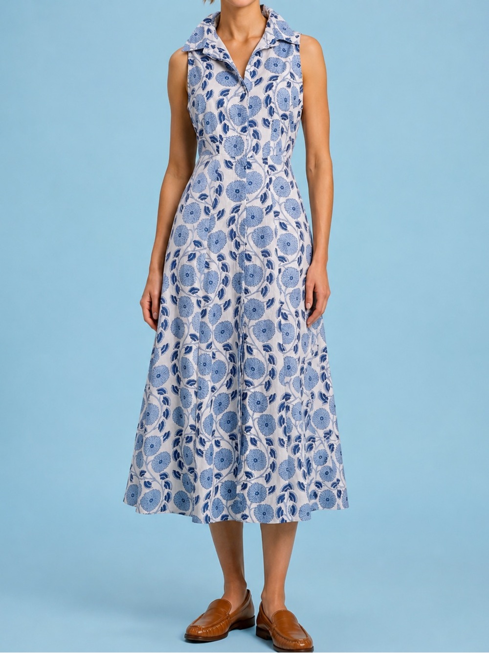 Livro Sleeveless Shirtdress Midi Dress Floral Cotton Button Front Size XS